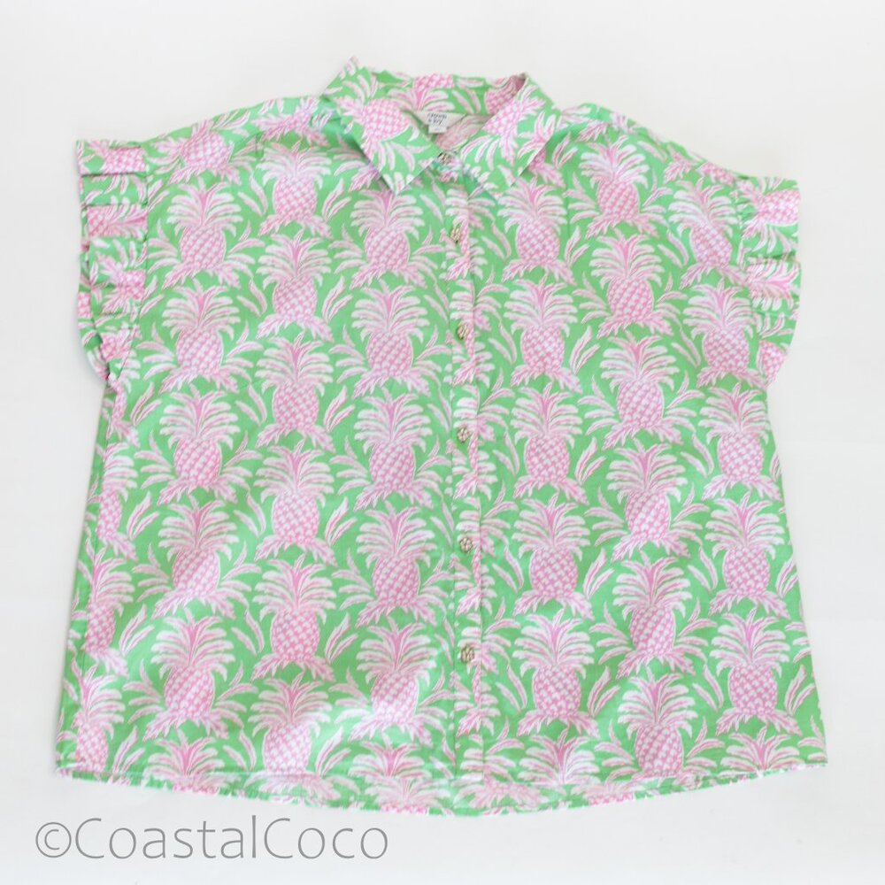 Crown & Ivy Pineapple Button Down L Shirt 100% Cotton Tropical Vacation Coastal - Picture 4 of 12